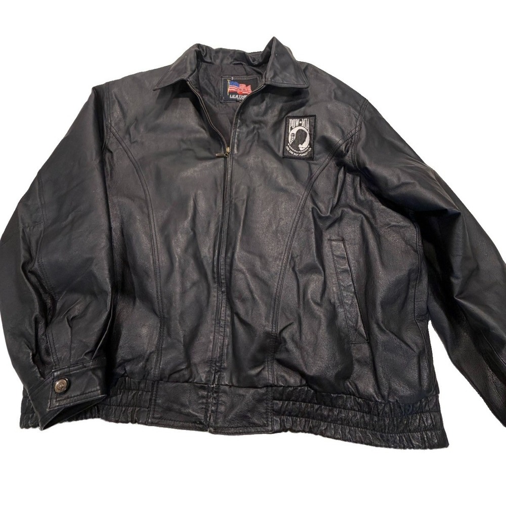 POW MIA Men Black Leather Jacket Bomber Coat Military Leather USA Sz 3XL